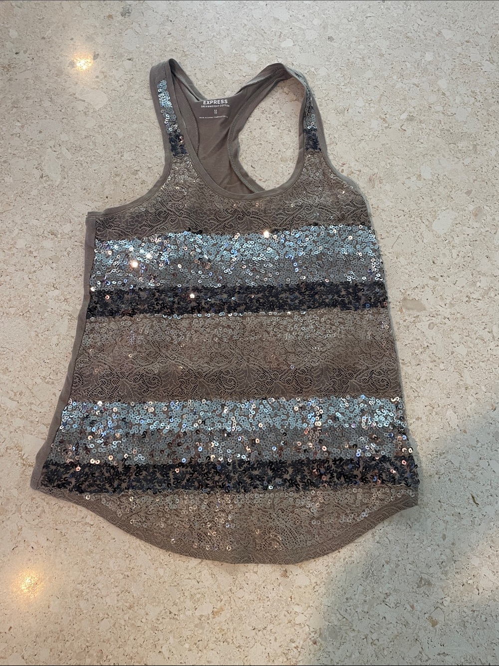 Express Taupe Tank Top with Silver Sequin Stripes